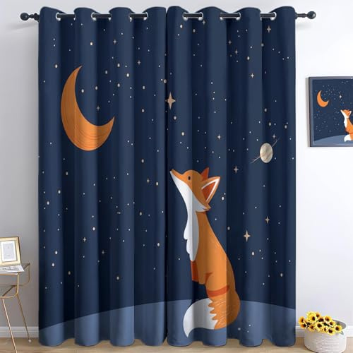 Wärmeisoliert Abdunkelnd LichtundurchlässigVorhänge Blau, Cartoon Fuchs Sternenhimmel Blickdicht Thermovorhang aus Polyester Privatsphäre Schützende Gardinen für Wohnzimmer, 245 x 280 cm