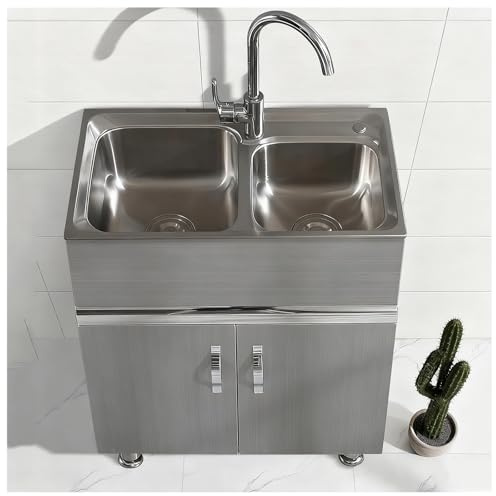 Lavello da Cucina Design a Doppia Vasca Angolare Semi-radiale Lavandino in Acciaio Inossidabile con Maniglie Sulle ante Piedini Regolabili Arrotondate Sifone Non-odore(31.5x17.7x32.3)