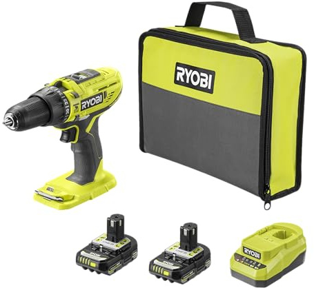 Ryobi Trapano a Percussione 18V con 2 Batterie 2.0 Ah, Caricabatterie, Set Inserti e Borsa, Coppia 50 Nm, Mandrino 13 mm, 2 Velocità, Compatto e Potente, R18PD32-2C20SP