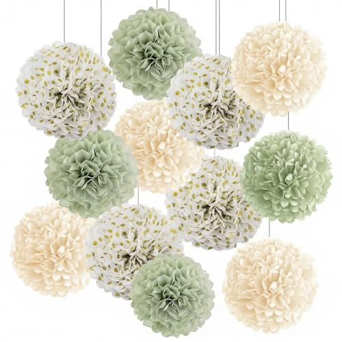 12 Stück Seidenpapier Pompons Salbeigrün Beige, Hängende Papier Pompon Papierblumenkugeln Papier Pom Poms Creme Blumen Ball Dekorpapier für Geburtstag Hochzeit Babyparty Gartenparty Deko