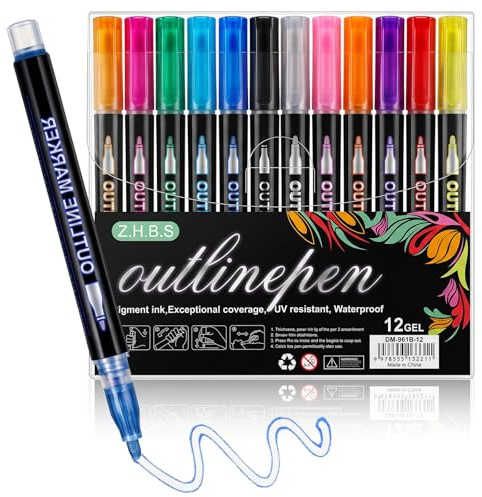 12 Colors Glitter Pens - Colouring Outline Pens Markers, Double Line | Art Pen for Teens‘ Birthday- Self-Outline Crafts Drawing, Metallic Marker Pens for Hand Book