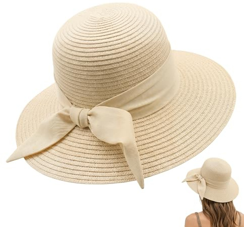 Yuaerbuo Foldable Wide Brim Straw Sun Hat with Soft Bow, Beige Sun Protection Hat Lightweight Breathable Packable Sun Hat for Women Summer Outdoor Beach
