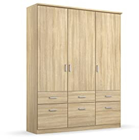 Rauch Möbel Bremen Schrank Drehtürenschrank Kleiderschrank in Eiche Sonoma, Holz, hell mit 6 Schubladen 3-türig, inklusive Zubehörpaket Basic 2 Kleiderstangen, 2 Einlegeböden BxHxT 136x199x58 cm