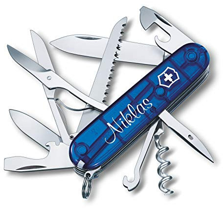 Victorinox Taschenmesser Huntsman mit Wunschdruck auf der Schale I Geschenk für Männer Frauen I zum Geburtstag I Schweizer Taschenmesser personalisiert mit 15 Funktionen 1.3713 (blau transparent)