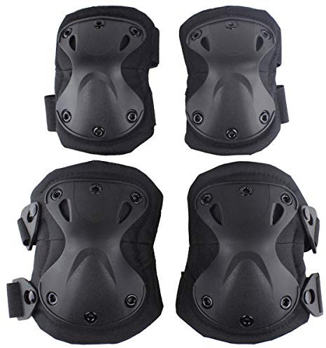 Juego de almohadillas protectoras tácticas de combate de rodilla y codo para juegos de paintball CS al aire libre Ciclismo Seguridad Patinetas de skate Patines de protección de rodilla (Black)