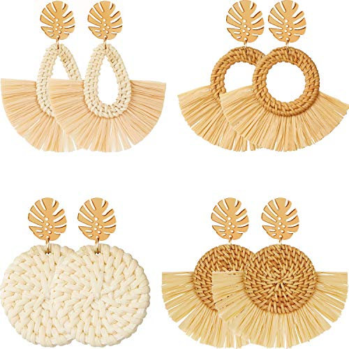 meekoo 4 Pairs Rattan Earrings for Women Beach Essentials Tassel Dangle Boho Straw Earrings, Rattan