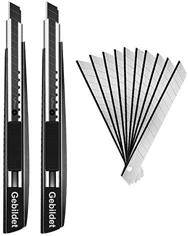 Gebildet 2pcs Couteau Utilitaire Rétractable avec Corps en Métal+10pcs Snap-Off Lames en Acier Inoxydable, Cutter professionnel à Verrouillage Automatique, 9mm Couteau de Graphique pour Cuir, Usines