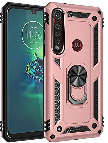 BestST Hülle für Moto G8 Plus/One Macro, + Displayschutz 360 Grad Drehbar Ringhalter mit Magnetischer Handyhalter Auto Handyhülle für Moto G8 Plus/One Macro- Rosegold