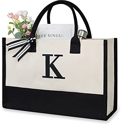 TOPDesign Personalisierte Initiale Canvas Strandtasche, Monogrammierte Geschenk Totetasche für Frauen
