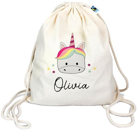 Bio Turnbeutel mit Namen personalisiert & Bedruckt | Motiv Einhorn | Stoffbeutel Schuhbeutel Sportbeutel Wäschebeutel Rucksack für Kinder Jungen & Mädchen | inkl. NAMENSDRUCK
