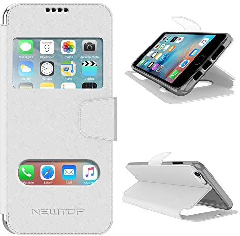 N NEWTOP Coque compatible avec Apple iPhone 6/6s Plus, HQ Windows Notifications, écran réponse, fenêtre étui livre Flip magnétique simili cuir support de protection (blanc)