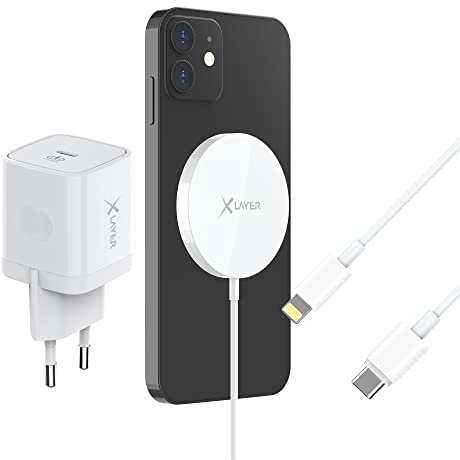 XLayer MagFix Pro Wireless Charging Starter Set | Magsafe Ladegerät | 20W Netzteil mit USB-C auf Lightning Kabel | schnelles Laden iPhone 16/15/14/13/12 Pro 3 Teilig Ladepad Magnetisch Induktiv