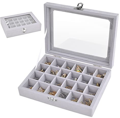 Caja Joyero para Mujer, Terciopelo Expositor de Joyas 24 Secciones y Tapa de Vidrio,Bandeja Organizador Joyas,Bandeja de Joyas,Organizador Joyas para Pulseras, Collares, Pendientes, Relojes - Gris