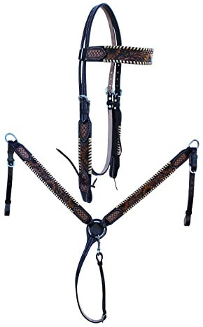 CHALLENGER 78FK35B Pferde-/Western-Allzweck-Zaumzeug mit Sonnenblume, getooled hellbraun, geschnürtes Stirnband und Brusthalsband, verstellbares Set