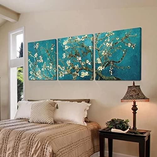 KADING 3 Panel Flowers Canvas Posters Classic Plants Blue Wall Art Poster Print Apricot Blossom Tree Paintings on Canvas Home Decor 60x60cm(24x24in) x3 With Frame