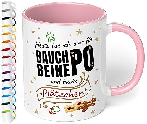 Lustige Weihnachts-Tasse „Heute tue ich was für Bauch-Beine-Po und backe Plätzchen“ – 330ml Keramik Kaffeebecher mit Spruch - Geschenk zu Weihnachten für Freundin, Mama und Oma (Rosa)