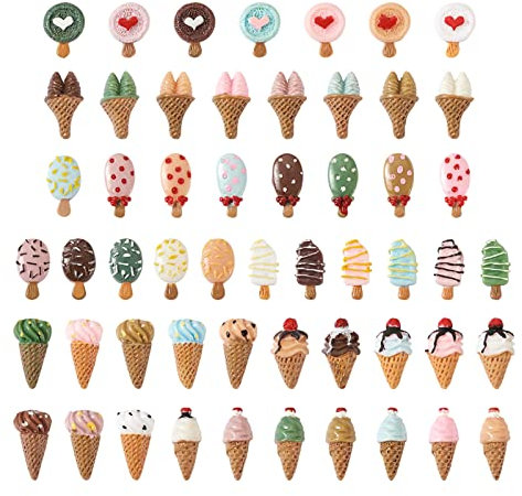 Crafans 54 Stück Lebensmittel-Harz-Cabochons, Schleim-Charms, niedliche Eiscreme-Kegel, Eis am Stiel, flache Rückseite, Cabochons, Perlen für DIY, Scrapbooking, Haarnadel, Handy, Basteldekoration