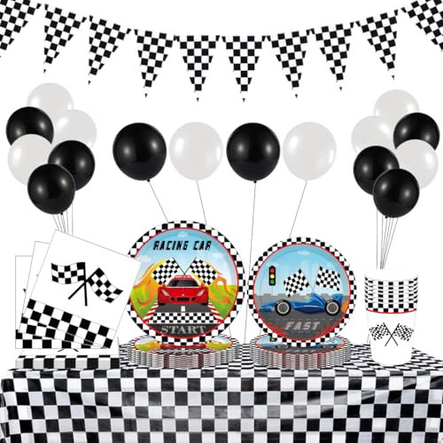 PIUMOJ Rennwagen Partygeschirr Set, Racing Car Partyzubehör für Jungen, Pappteller, Pappbecher, Servietten, Tischdecke für 8 Gäste, Party Dekoration für Autoliebhaber