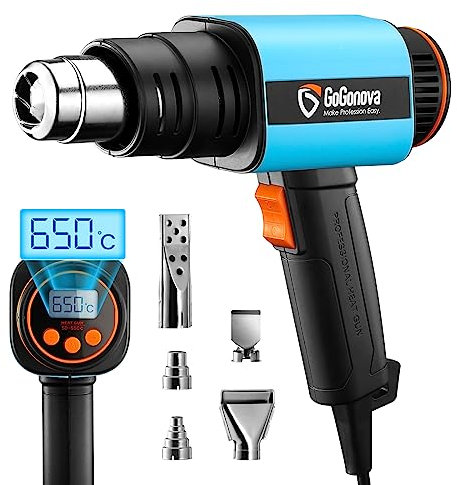Pistola de aire caliente de 2000 W con pantalla LCD, GoGonova Pistola de aire caliente 50 ℃-650 ℃ con 5 buses, 2 ajustes de flujo de aire, ideal para quitar pintura, soldar, encoger