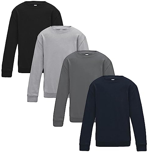 True Face Kids Sweatshirt Crew Neck Jumper Long Sleeve Cotton Pullover Plain Sweater Ribbed Cuff Boys School Uniform Top 3 Pack - Assorted 9-10 Years