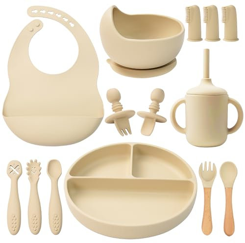 14 Pcs Silicone Baby Feeding Set, Baby Weaning Set, Baby Spoons Forks Suction Bowl Divided Plate Bib Cup Finger Brush,First Stage Solid Food Eating Utensils - for Toddlers & Baby Gift (Beige)