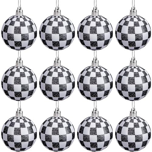 LFUTARI 12 Stück schwarze und weiße Weihnachtskugeln Ornamente – 6,1 cm Büffelkarierte hängende Kugeln – bruchsicher, kariert, Baumschmuck für Weihnachten, Zuhause, Halloween, Weihnachtsbäume,