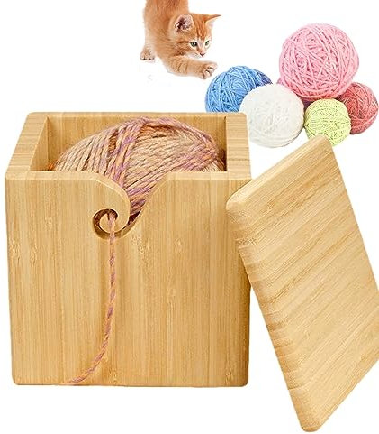 RoseFlower Square Wooden Yarn Bowl 7.7Inch, Multifunctional Portable Handmade Yarn Storage Bowl with Detachable Lid and Carved Holes for Knitting Crochet Enthusiasts - Stable & Smooth Finish