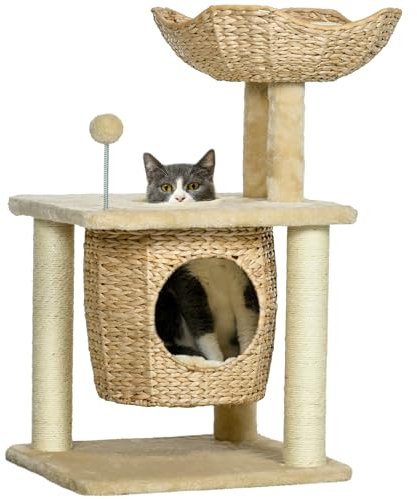 PawHut Arbre à Chat griffoir, Arbre à Grimper pour Chat, en quenouille, 1 Niche, Panier, Pompon, Tour de Jeux pour Chats, Peluche, Hauteur 74 cm, Beige