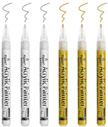 MOSTFUN Acrylic Paint Pens, 6Pcs Permanent Acrylic Markers 0.7mm Extra Fine Point Waterproof Art Pen for Fabric Canvas Glass Rock Ceramic Wooden Leather DIY Painting (Gold & Silver)
