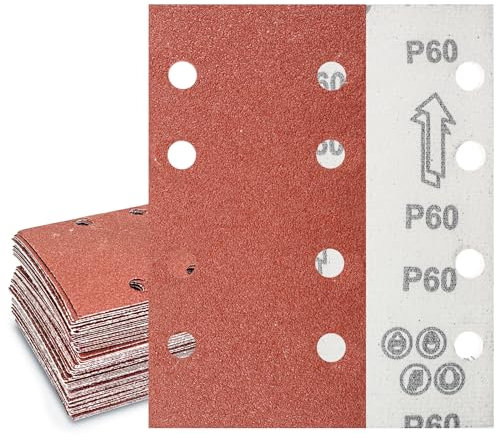 Senmai Tools Feuilles abrasives 93 x 185 mm, 8 trous, grain 60, papier de verre carré auto-agrippant à 8 trous Accessoires Ponceuse excentrique(Lot de 30)
