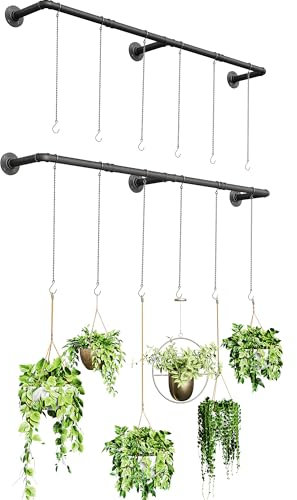 SOFITORG Colgador de plantas para interiores, paquete de 2 varillas colgantes con 12 cadenas colgantes, barra para colgar plantas para techo de ventana, 165 cm, metal/negro, macetas no incluidas