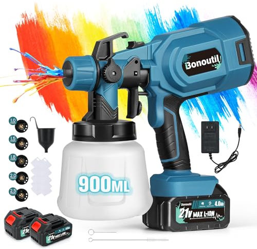 Bonoutil Pulverizador de pintura inalámbrico con 2 baterías, 21 V, 4.0 Ah, 900 ml, pistola de pintura en aerosol inalámbrica, 3 modos de pulverización, 5 boquillas, longitud de flujo ajustable para el