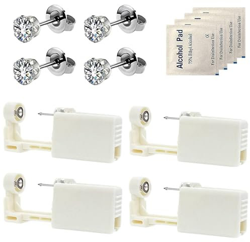 Dzxin Piercing Kits, 4 pcs Self Ear Piercing Gun, Disposable Self Ear Piercing Gun Kit with Earring Studs, Safety Ear Nose Piercing Gun Kit Tool (Silver)