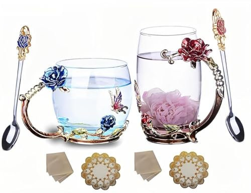 Ensemble De 2 Tasses À Thé Fantaisie Tasses À Café En Verre 330ML ~ 350ML Tasses En Verre Transparent Avec Cuillère Ensemble Cadeaux De Fête Des Mères Fleur De Rose (red high blue short)