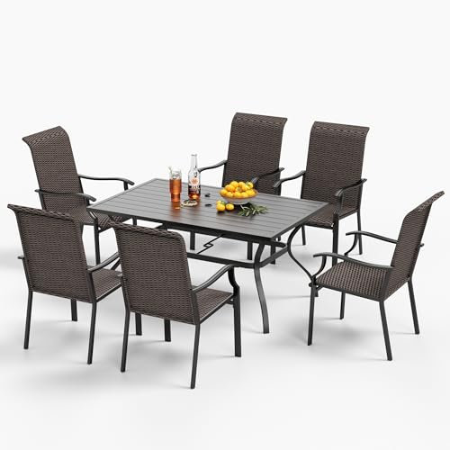 MFSTUDIO Rattan Gartenmöbel Set, Terassenmöbel Außen, Rechteckiger Gartentisch mit Verstellbarem Schirmloch(4-5cm), Gartentisch mit 6 Stühlen (S7-426_I2)