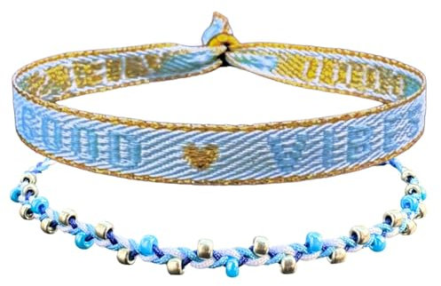happymaker - Sommer Schmuck Set Damen, Fusskette und Armband im Hippie Style für Frauen und Mädchen, wasserfest und handmade, Stoffarmband und Perlen Fusskettchen