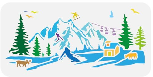 FINGERINSPIRE Große Schablone Mit Schneebedeckten Bergen 30x15cm Winter Ski Schablonen Kiefernbäume Holzhäuser Seilbahnen Rentiere Zeichenvorlagen Für Wand Stoff Fliesen Boden Möbel Holz