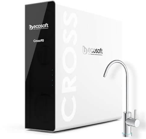 Ecosoft CROSS 90 Filtro de Ósmosis Inversa de Flujo Directo - Tasa de Flujo de 1,5 L/min, Pantalla Inteligente, 60% de Recuperación de Agua, Certificado NSF/ANSI 58, Sistema de Filtración Compacto