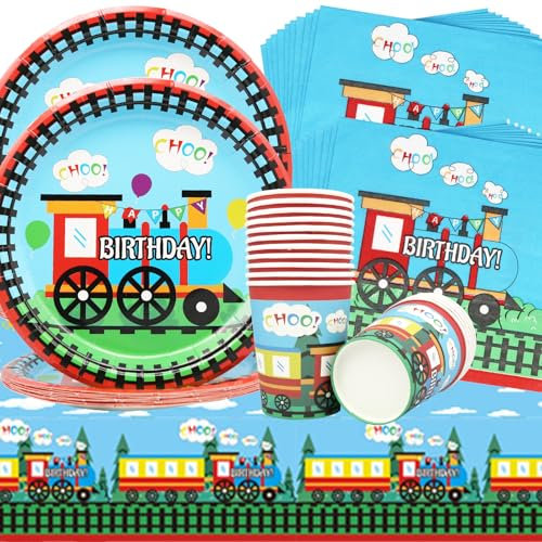 Doyomtoy 53-Piece Small Train Theme Party Tableware Set - Paper Plates, Cups, Napkins, Tablecloth - Train Birthday Decoration - 20 Guests