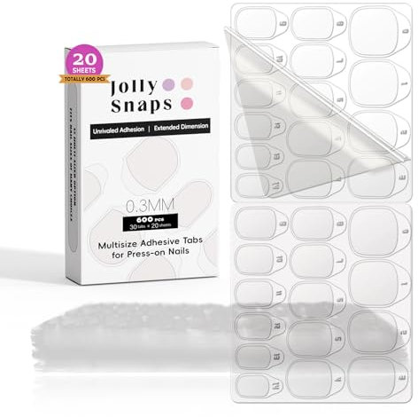 Jolly Snaps No Damage Nail Adhesive Tabs | 600 PCS(20Sheets）Extra Strong Stickers, No UV Light Needed | Waterproof & Easy for At-Home Press-On Nails | Perfect for DIY Manicures & Beginners
