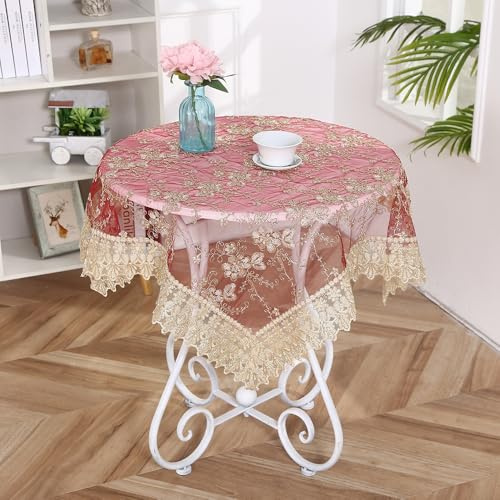 SYSUII Spitzentischdecke Tischdeko - Spitze Tischdecke Boho Dekor Spitzenauflage Vintage Blumenmuster Bestickte Spitzeauflage Tischtuch Für Hochzeit Party Urlaub Haus Dekoration -Rot,80x80cm