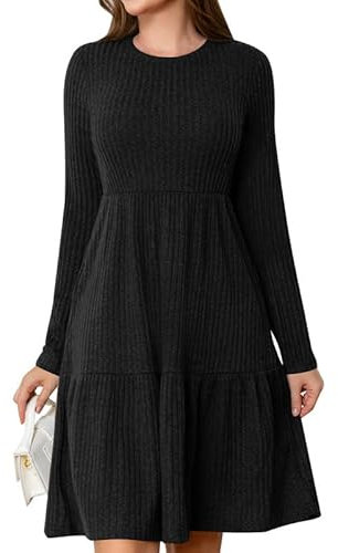 Ritiriko Tunika Pullover Kleid für Damen Puff Langarm Kleider Runden Hals Winterstrickkleider Mit Taschen Schwarz 2XL