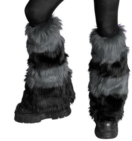YILEEGOO Womens Faux Fur Fuzzy Leg Warmers Warm Fuzzy Rainbow Boot Sleeves Boot Covers Cuff Fluffy Rave Music (Z-Grey Black, One Size)
