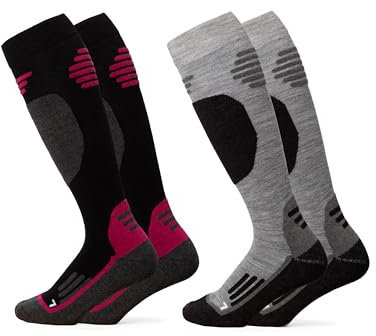 Occulto Calcetines de Esquí de Lana Merino para Hombre & Mujer 2 pares (modelo: Toni) Gris Rosa 35-38