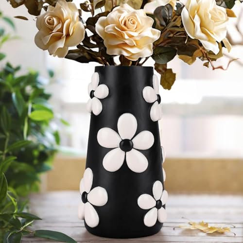AmiCera Bunte Blumenvase für Blumen 20cm Hoch, Regenbogen Funny Pilz Deko Wohnzimmer, Eklektische Süße Vasen für Blumen, Einzigartige Bunt Blumen Vasen, Funky Home Decor Ästhetik, Schwarz