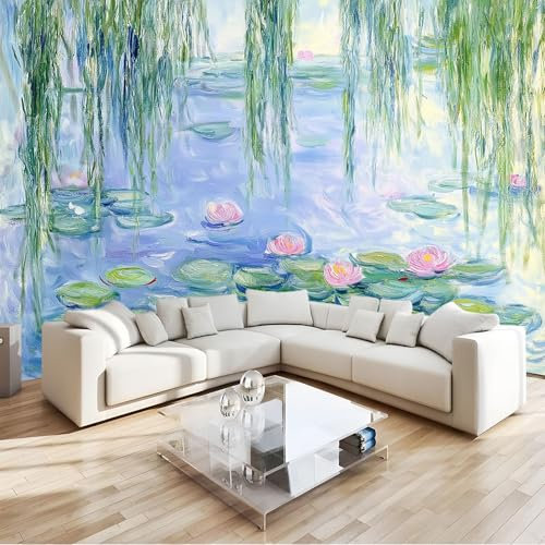 3D Papier Peint Panoramique Tapisserie Intissé Murales Feuilles De Saule Aquarelle Fleurs De Lotus, Papier Peint Enfant pour Salon Chambre Décoration Murale, Papier Peint 200x140 cm Chambre Enfant