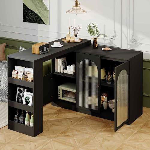Multifunktionaler drehbarer Esstisch, moderner Barschrank, Küchentisch mit Aufbewahrung, multifunktionales Aufbewahrungsmöbel mit Glastür (schwarz)