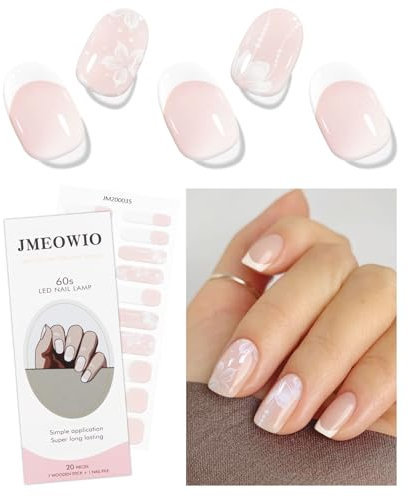 JMEOWIO Autocollant Ongles Gel UV Fleurs Blanche A Pointe Française Gel Nail Stickers Semi-durci Stickers Ongle Gel Deco Ongle Nail Art Design Manucure