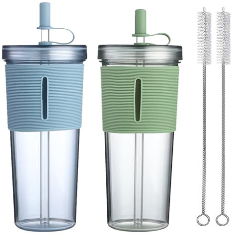 700ml Trinkbecher mit Deckel und Strohhalm, 2 Stück Plastikbecher mit Deckel und Strohhalm, Trinkflasche mit Strohhalm, Trinkbecher mit Strohhalm, Smoothie Becher Eiskaffee Becher (Grün, Blau)