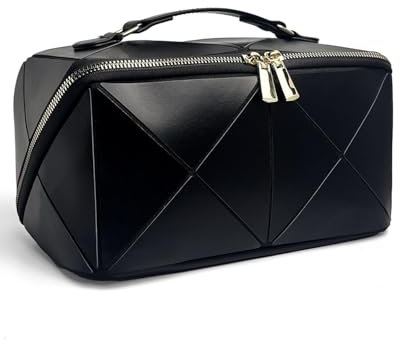 Groß Kosmetiktasche Schminktasche wasserdichte PU-Leder Reise Make-up-Tasche mit Große Weit Offener Tasche für Damen Frauen (Schwarz-2025)